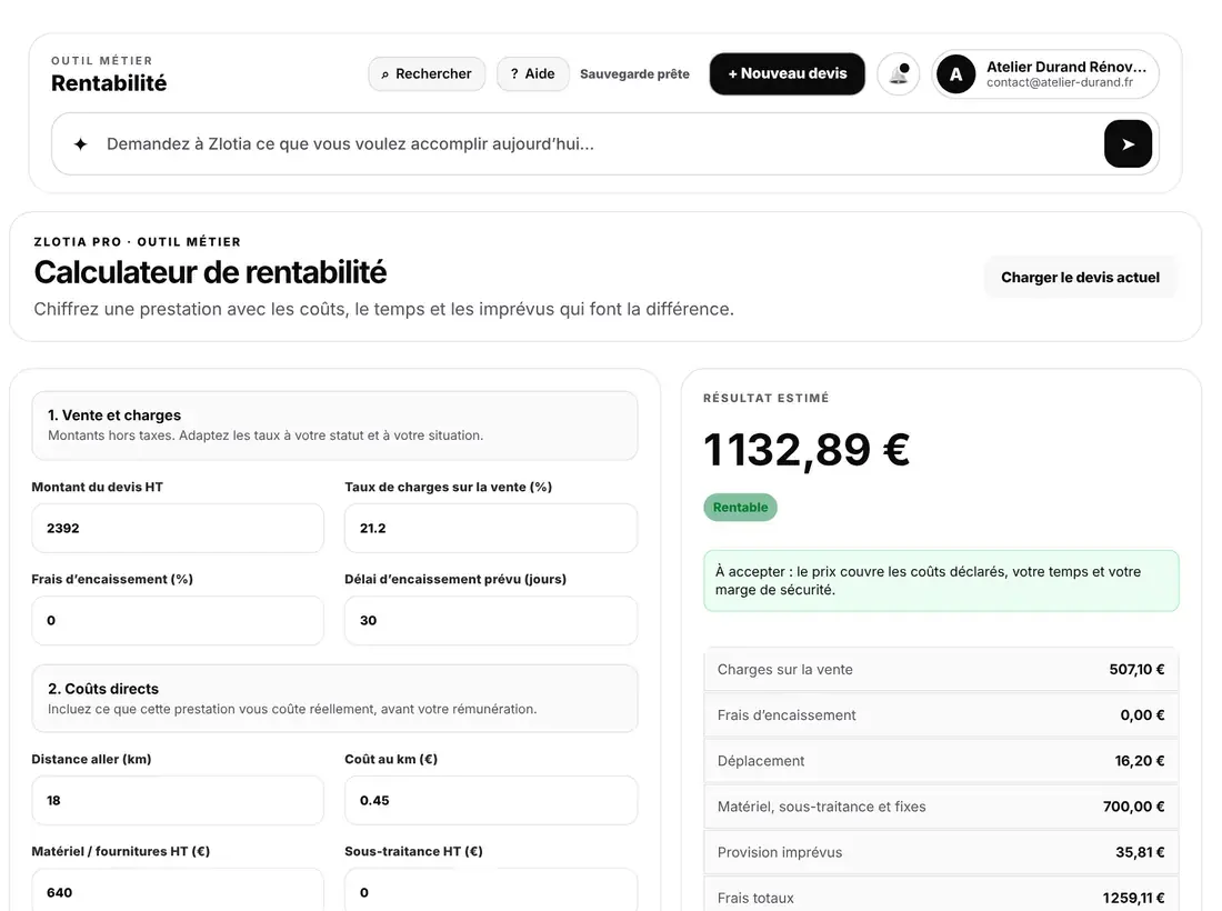 Calculateur de rentabilité Zlotia : résultat estimé d’un chantier