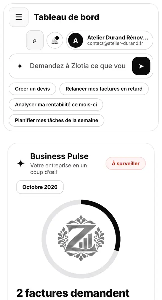 Zlotia sur téléphone : tableau de bord