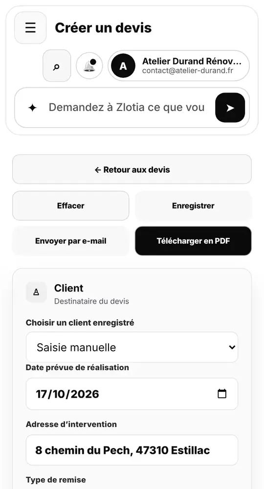 Éditeur de devis Zlotia sur téléphone